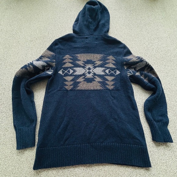 American Eagle Aztec Hoodie Mens M Tall Navy Southwest Boho Knit Sweater - Picture 8 of 9